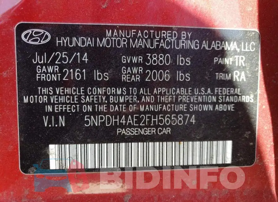 5NPDH4AE2FH565874 Photo# 12