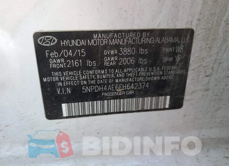 5NPDH4AE6FH642374 Photo# 12