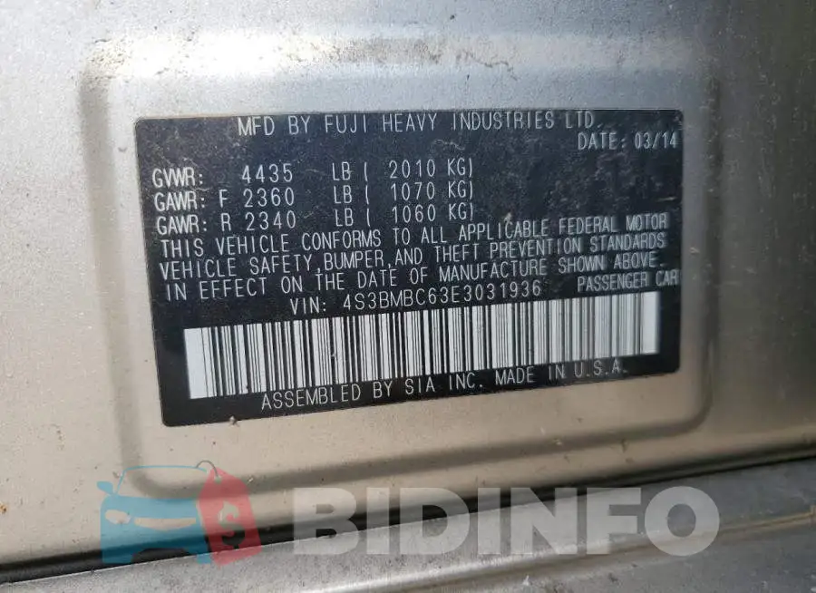 4S3BMBC63E3031936 Photo# 12