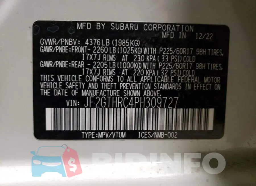 JF2GTHRC4PH309727 Photo# 12