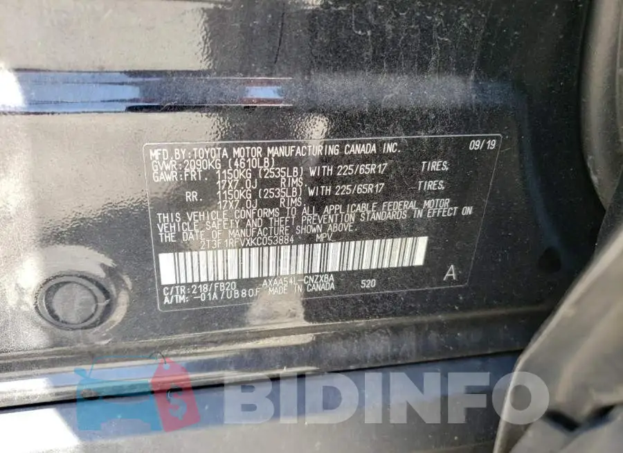 2T3F1RFVXKC053884 Photo# 12