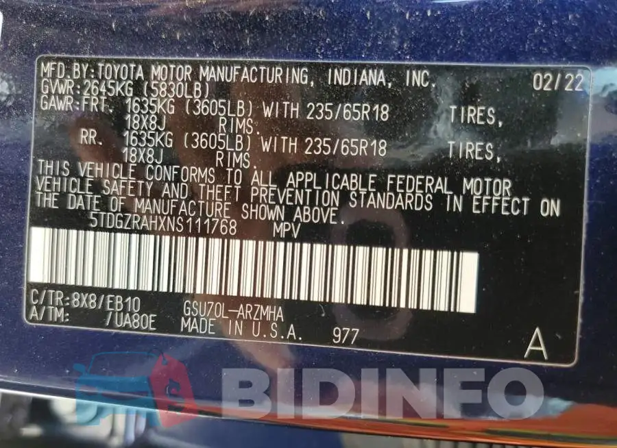 5TDGZRAHXNS111768 Photo# 13