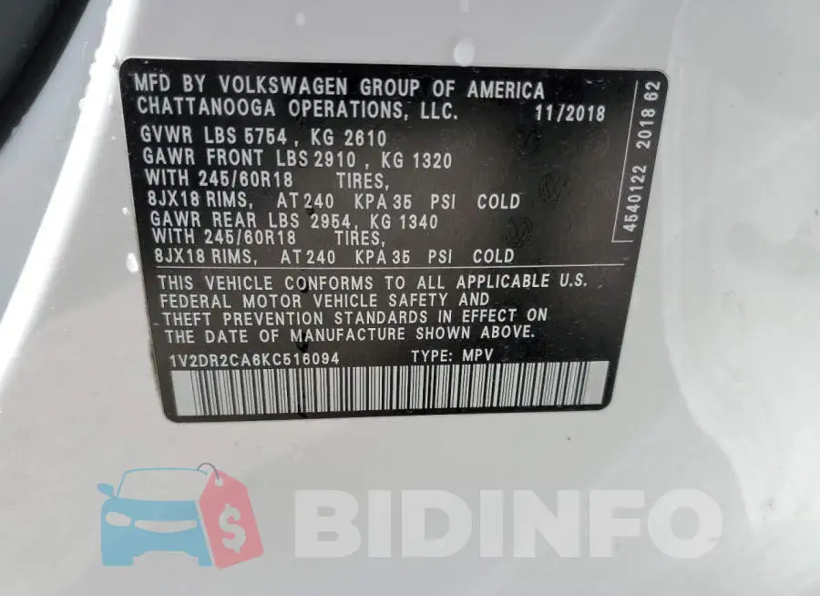 1V2DR2CA6KC516094 Photo# 13