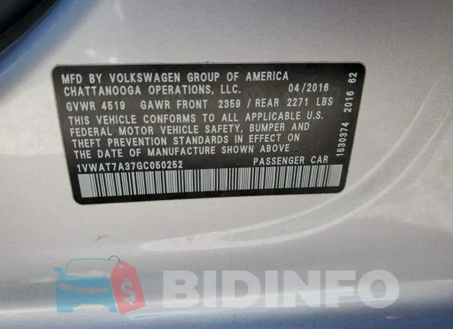 1VWAT7A37GC050252 Photo# 12