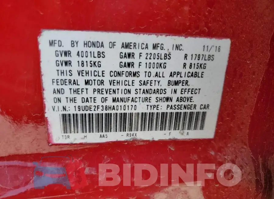 19UDE2F38HA010170 Photo# 12