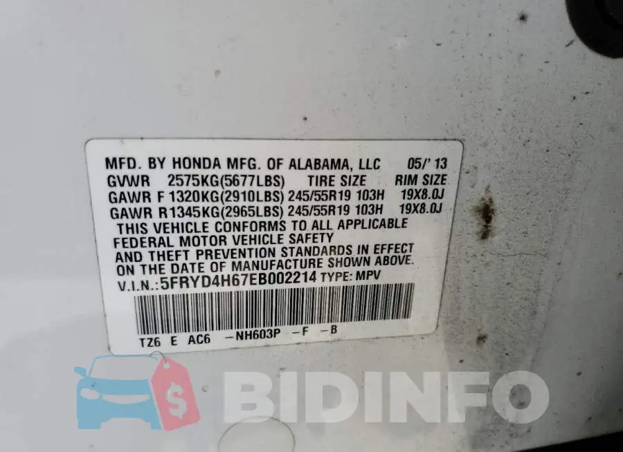 5FRYD4H67EB002214 Photo# 13