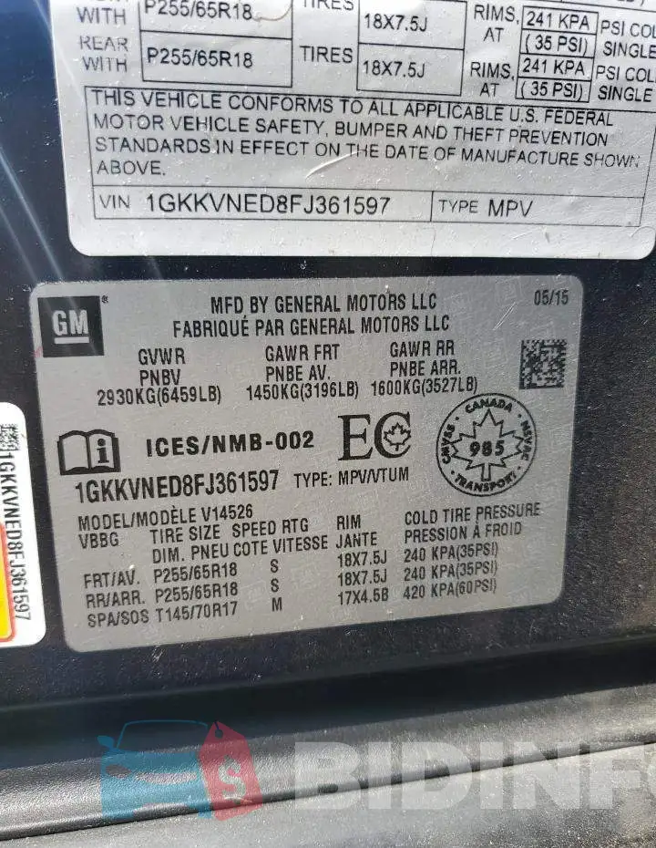 1GKKVNED8FJ361597 Photo# 13