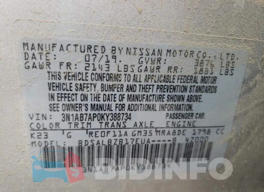 3N1AB7AP0KY388734 Photo# 13