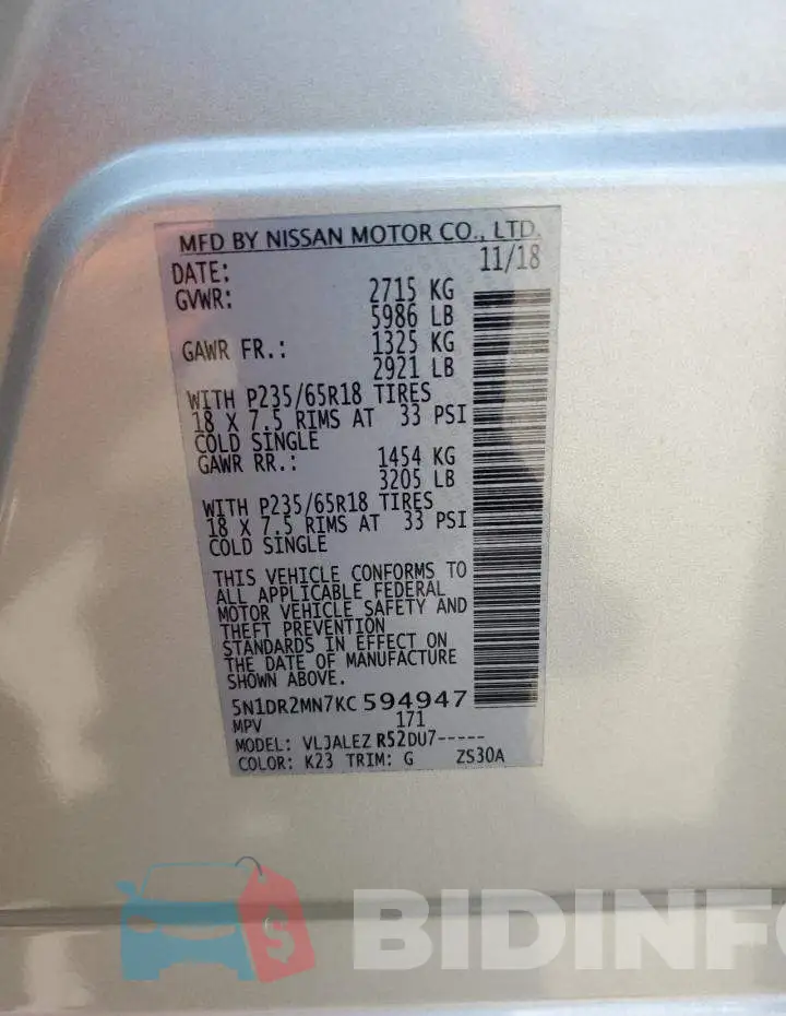 5N1DR2MN7KC594947 Photo# 13