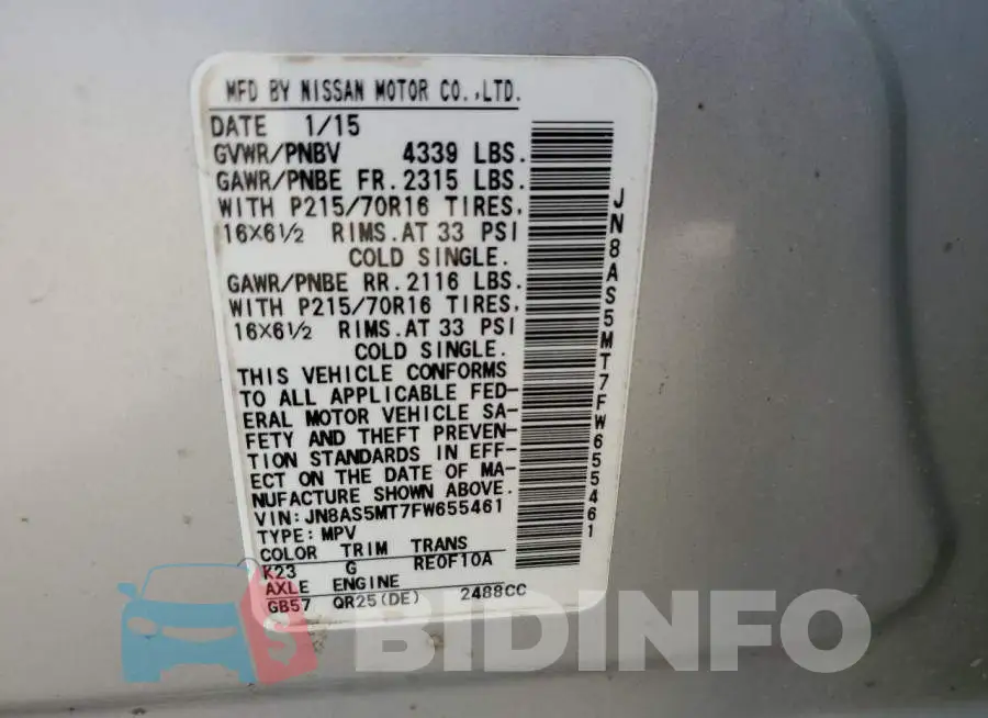 JN8AS5MT7FW655461 Photo# 13