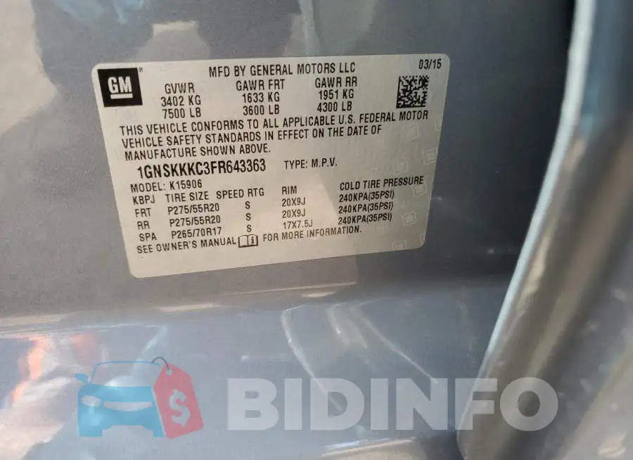 1GNSKKKC3FR643363 Photo# 13