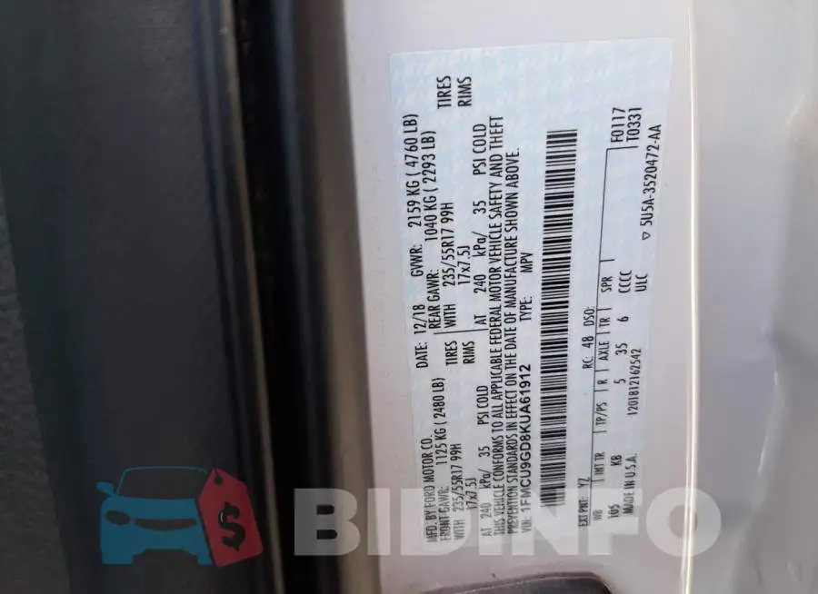 1FMCU9GD8KUA61912 Photo# 12