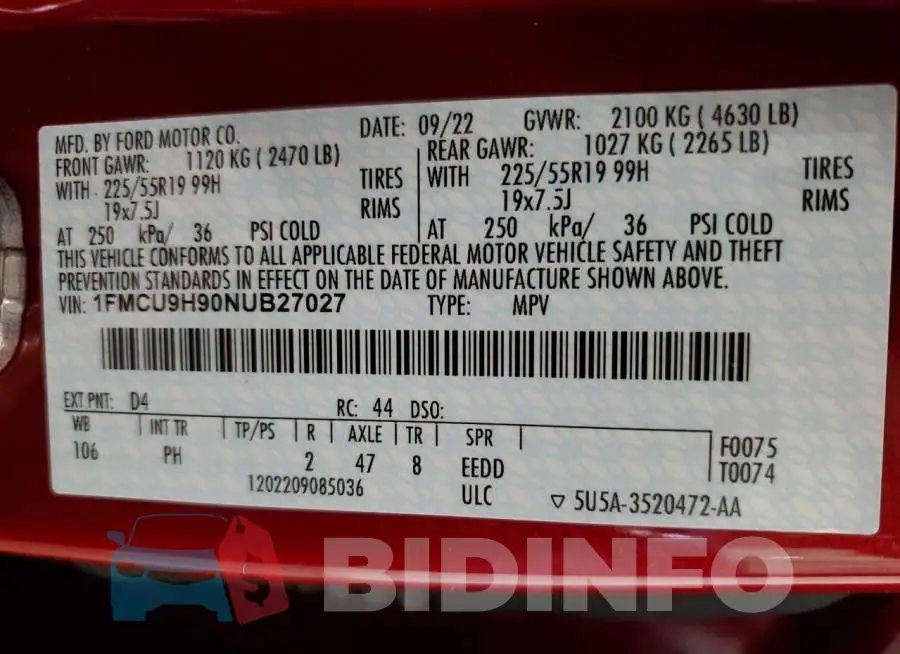 1FMCU9H90NUB27027 Photo# 14