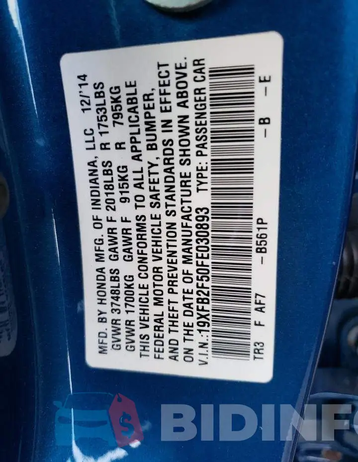 19XFB2F50FE030893 Photo# 12