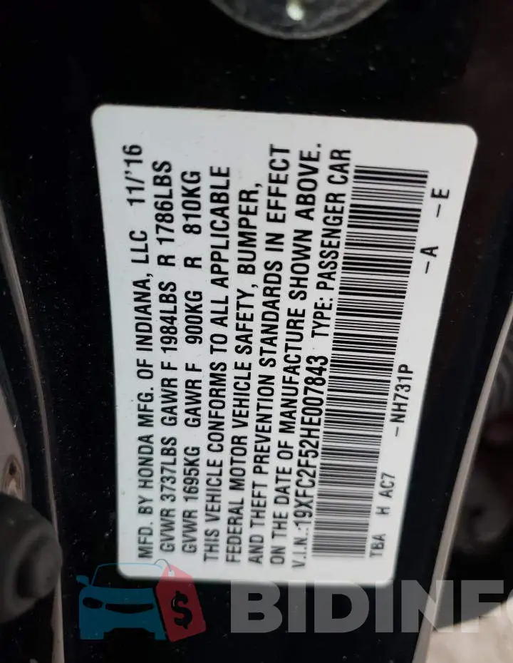 19XFC2F52HE007843 Photo# 12