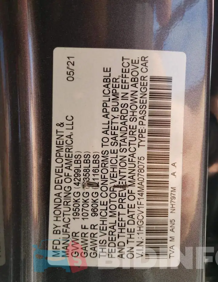 1HGCV1F14MA078075 Photo# 12