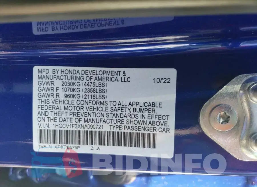 1HGCV1F3XNA090721 Photo# 13