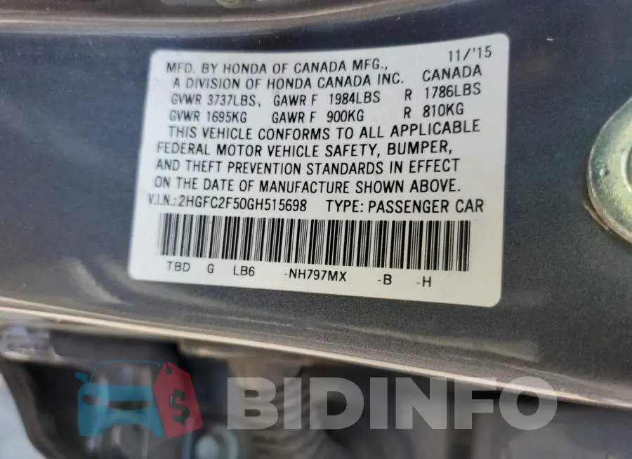 2HGFC2F50GH515698 Photo# 12