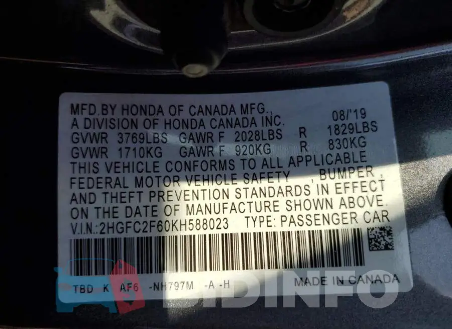 2HGFC2F60KH588023 Photo# 12