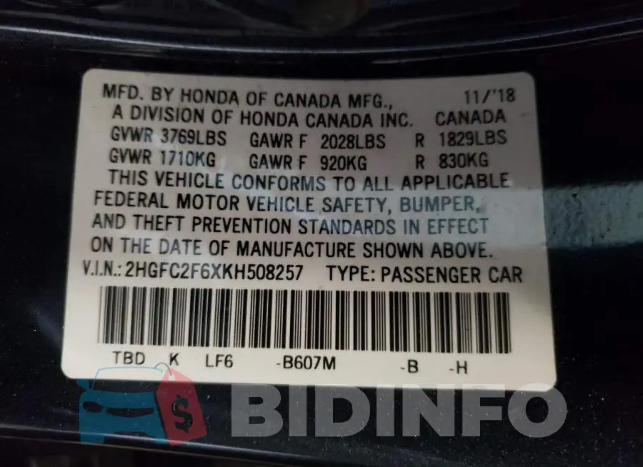 2HGFC2F6XKH508257 Photo# 12
