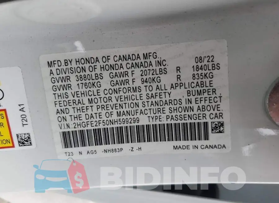 2HGFE2F50NH599299 Photo# 13