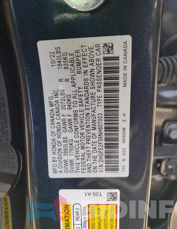 2HGFE2F56NH607003 Photo# 12