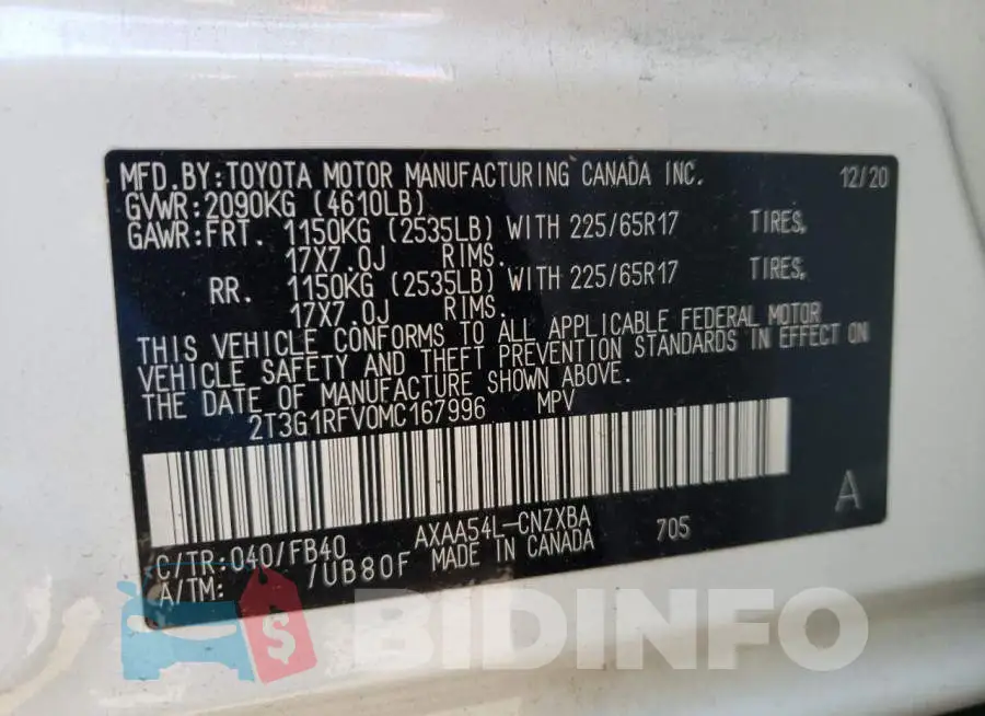2T3G1RFV0MC167996 Photo# 13