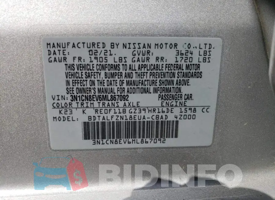 3N1CN8EV6ML867092 Photo# 13