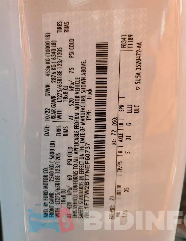 1FT7W2BT7NEF60737 Photo# 12