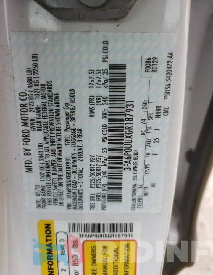 3FA6P0UUXGR187931 Photo# 12