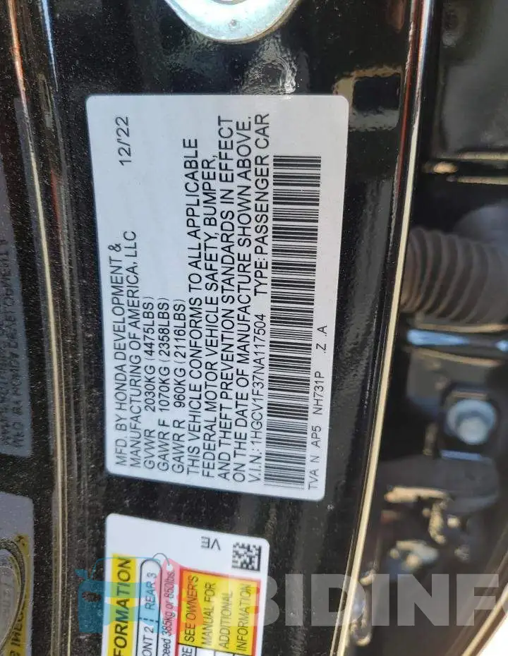 1HGCV1F37NA117504 Photo# 12