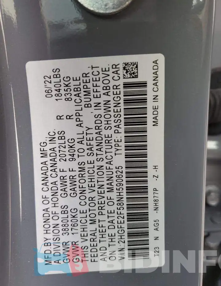 2HGFE2F58NH590625 Photo# 12