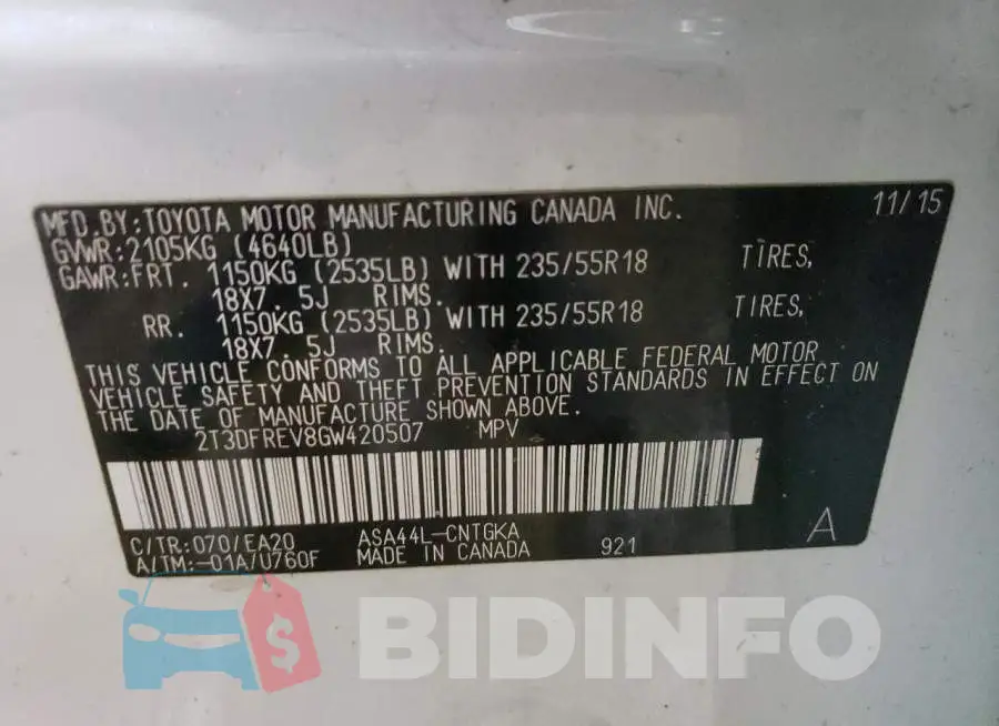 2T3DFREV8GW420507 Photo# 14
