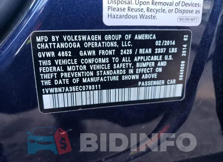 1VWBN7A35EC079311 Photo# 12