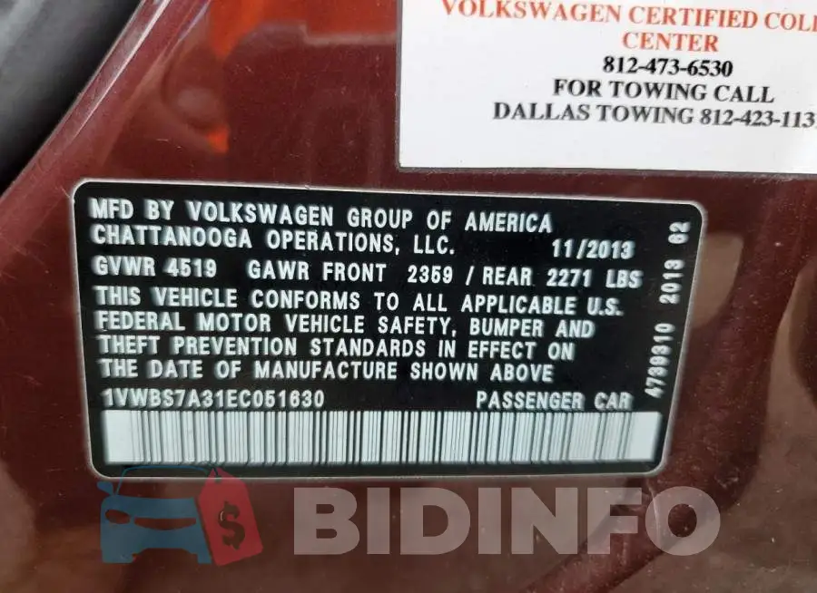1VWBS7A31EC051630 Photo# 12