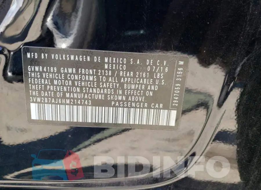3VW2B7AJ6HM214743 Photo# 12