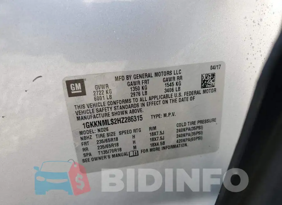 1GKKNMLS2HZ286315 Photo# 13