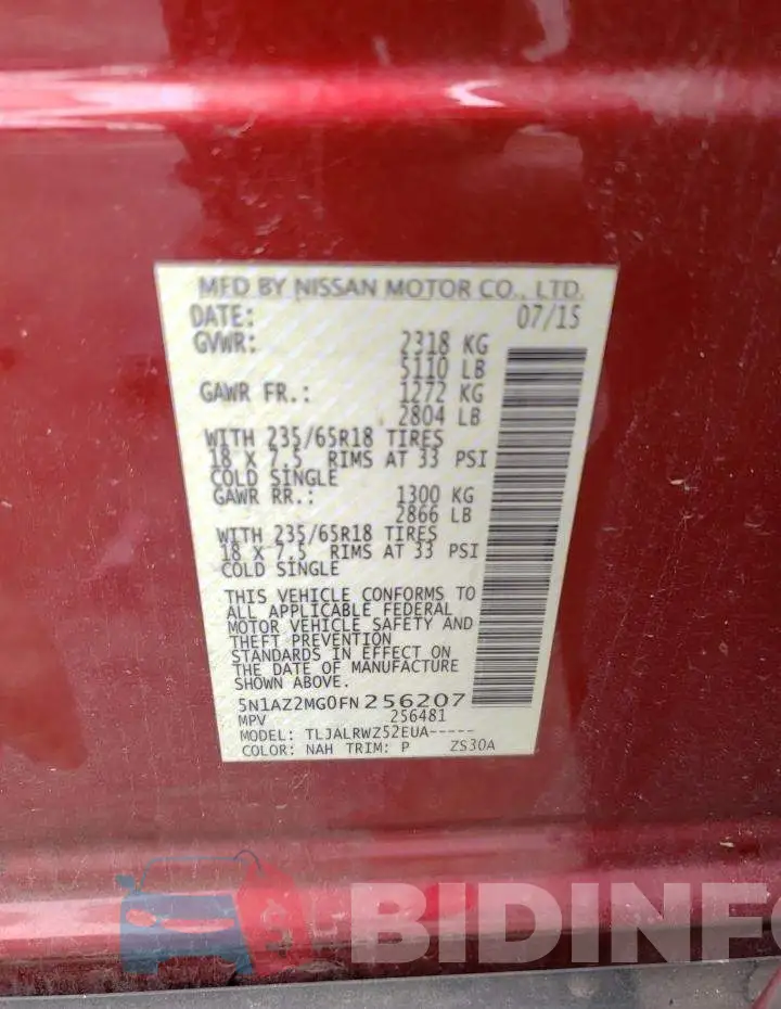 5N1AZ2MG0FN256207 Photo# 14