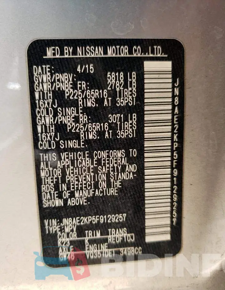 JN8AE2KP5F9129257 Photo# 14
