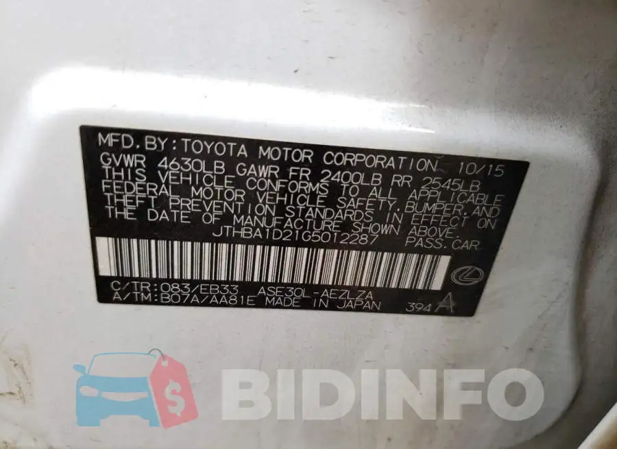 JTHBA1D21G5012287 Photo# 12