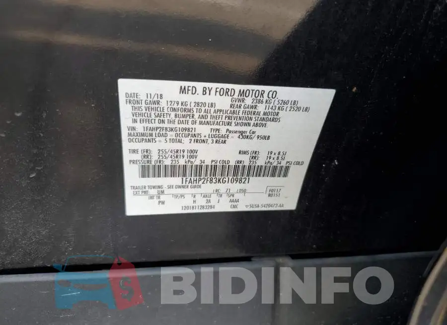 1FAHP2F83KG109821 Photo# 12