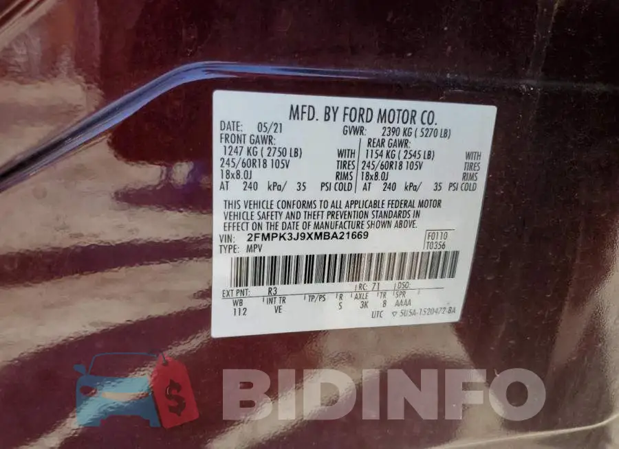 2FMPK3J9XMBA21669 Photo# 12