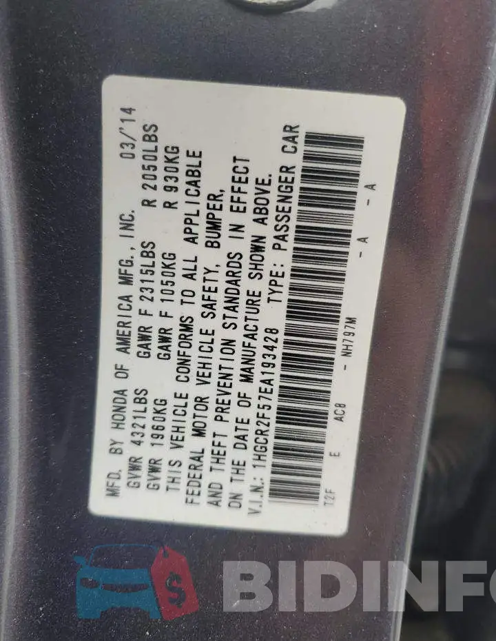 1HGCR2F57EA193428 Photo# 12