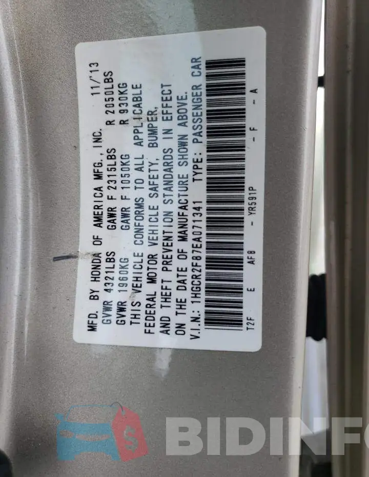 1HGCR2F87EA071341 Photo# 13