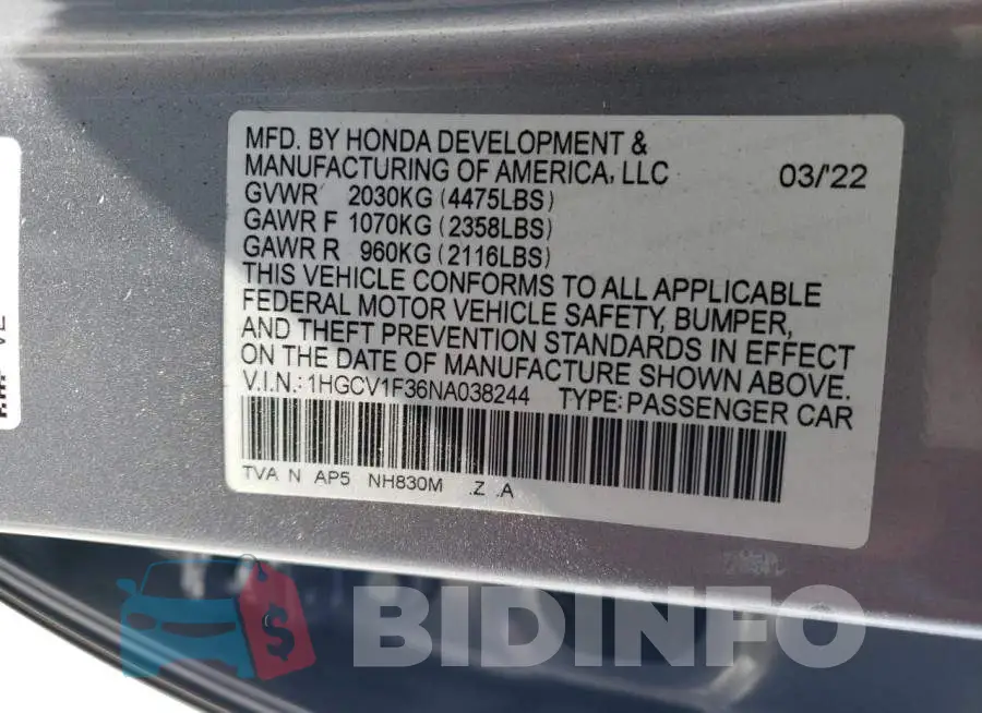 1HGCV1F36NA038244 Photo# 12