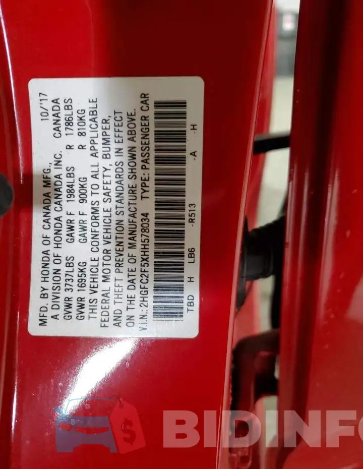 2HGFC2F5XHH578034 Photo# 13