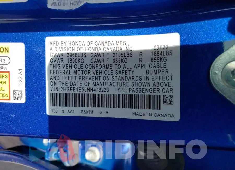 2HGFE1E55NH476223 Photo# 13