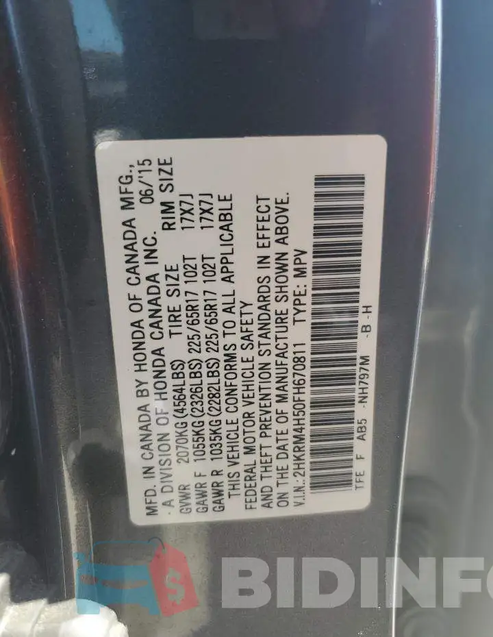2HKRM4H50FH670811 Photo# 12
