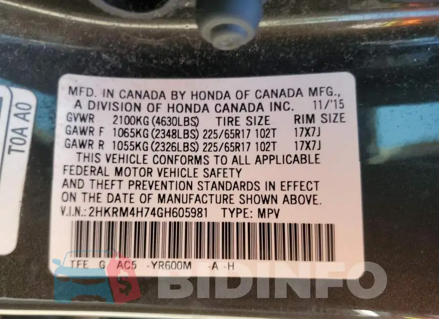 2HKRM4H74GH605981 Photo# 12