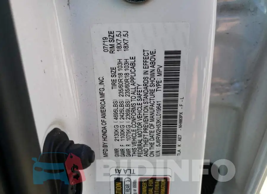 5J6RW2H53KL019641 Photo# 13